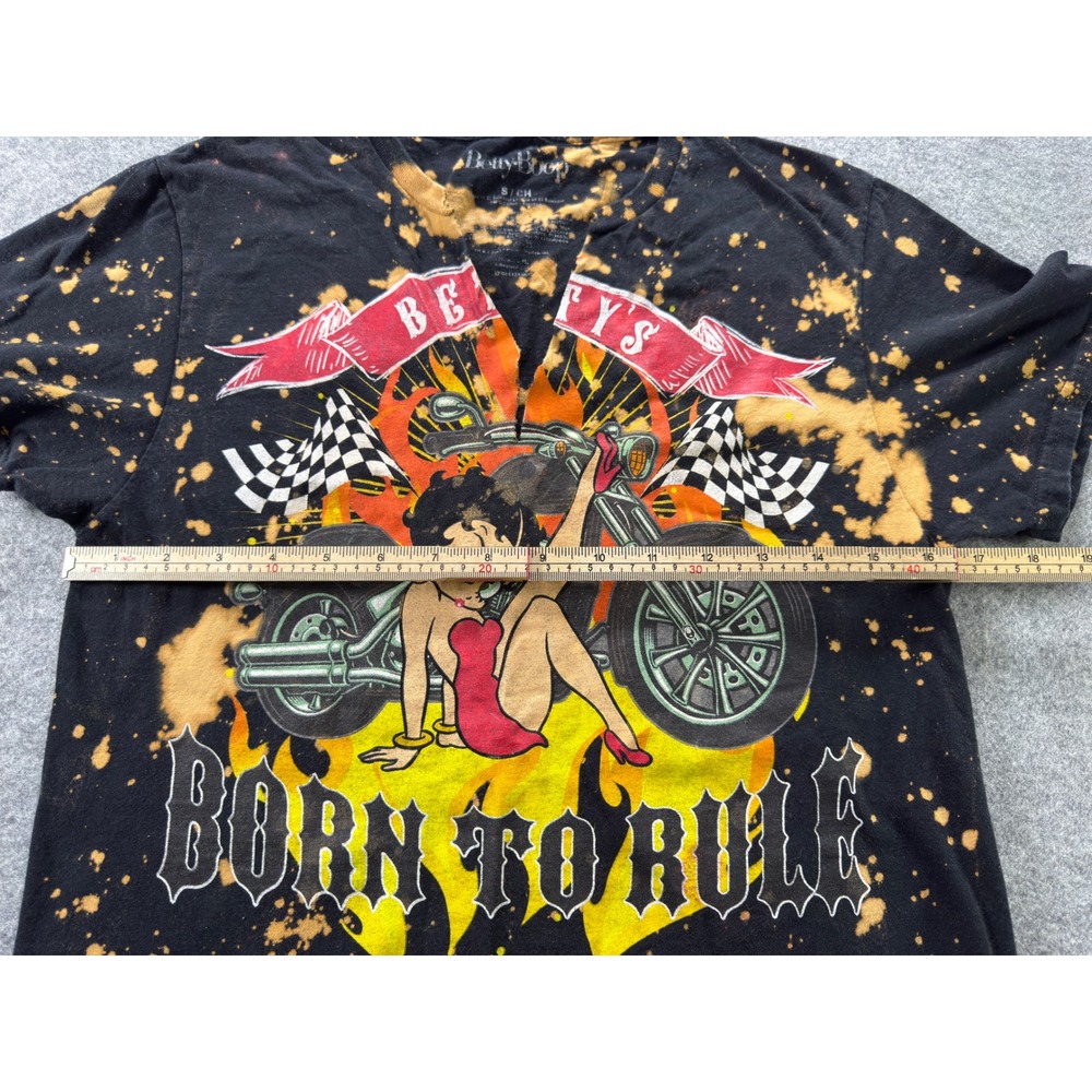 Betty Boop Graphic T-Shirt Women Small Black Bleach Splatter Biker Crop Top - Picture 9 of 9